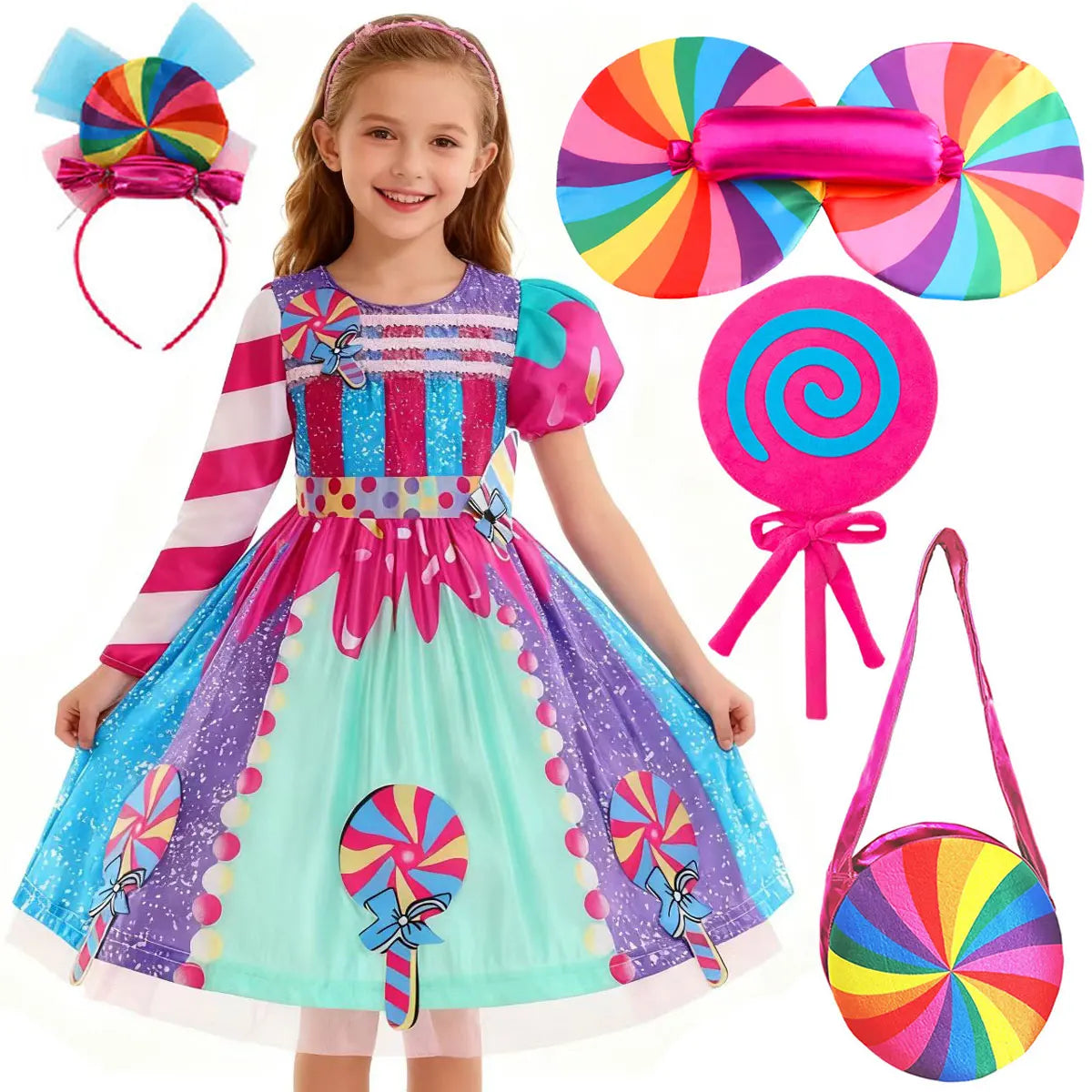Presente Clássico para Festa de Carnaval de Purim para Meninas Vestido Arco-Íris Assimétrico Longo e Curto com Manga Doce Conjunto de Vestidos Fofos para Férias de Natal