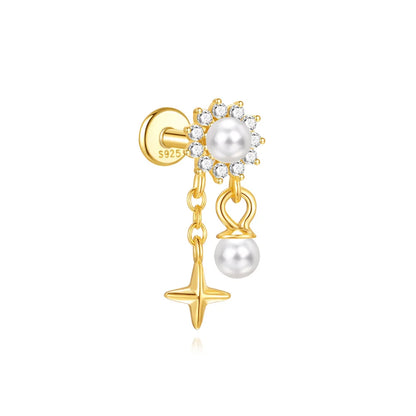 1PC Four Pointed Star Moon Tassel Lotus Cartilage Spiral Puncture 925 Sterling Silver Stud Earring For Women Ins Earring