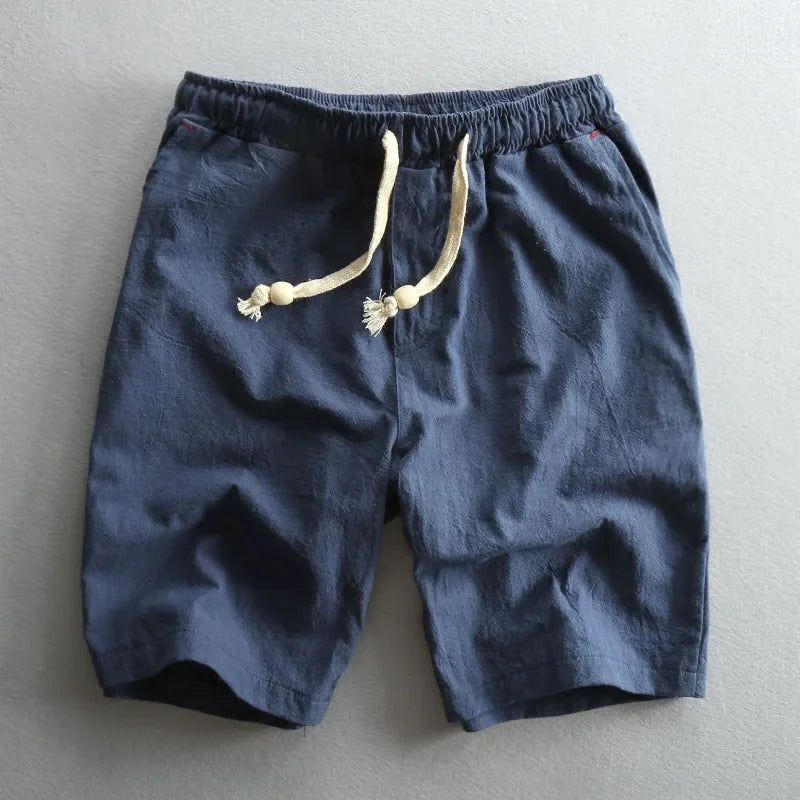 Summer Men Casual Cotton Linen Shorts Knee Length Beach Elastic Waist Shorts Solid Color Comfortable Pants New