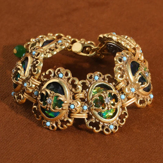 Vintage Green Opal Bracelet Natural Stone For Women Accessories Retro Jewelry Antique Gold Color Hollow Flower High Quality