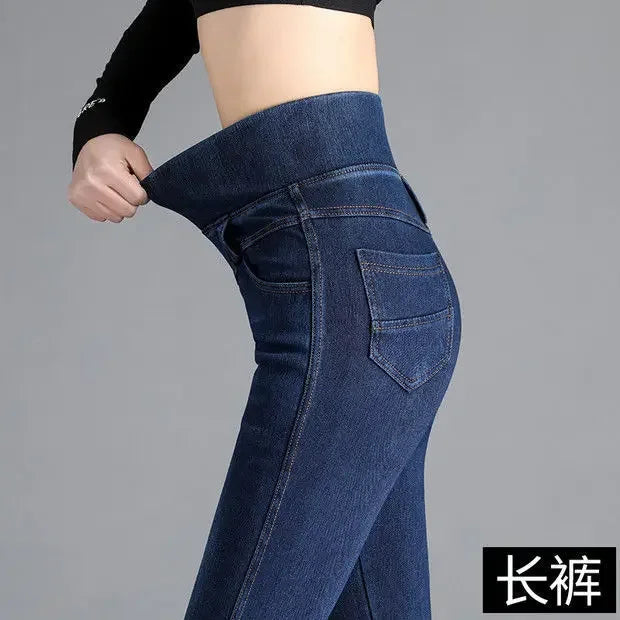 Woman Jeans Pants Elastic Waist High Waist Winter Stretch Feet Pants