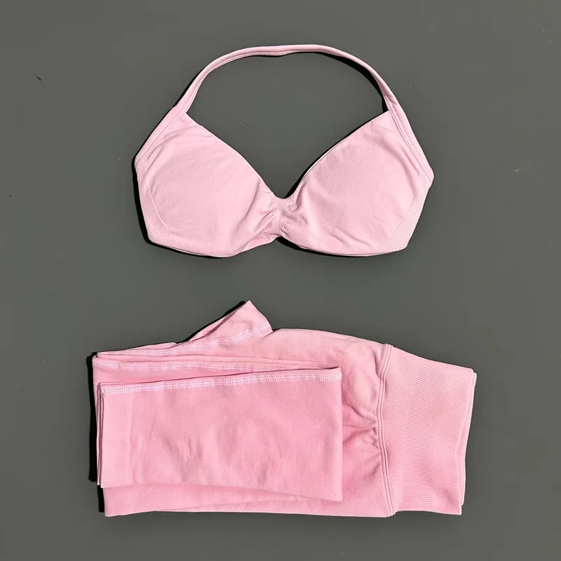 2 Piece Sports Set Women Yoga Backless Halter Bra High Waist Scrunch Seamless Pants Sport Suit Gym Sportswear Workout Set