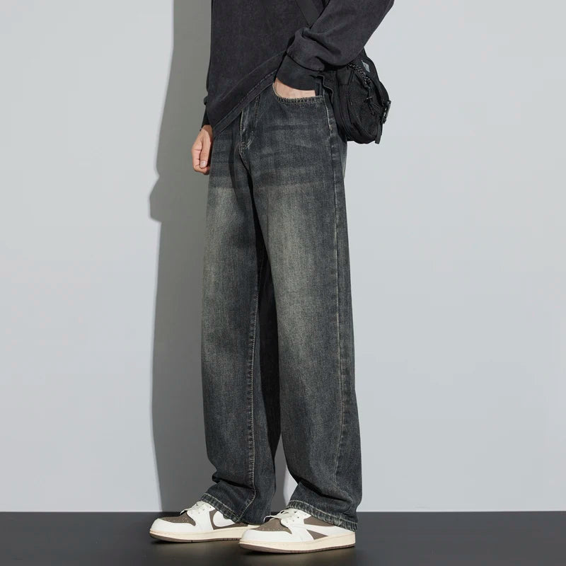 Korean Wide Legs Fleece Jeans Men's Winter Warm Thickened Velvet Loose Straight Casual Denim Pants Korean Fashion Trousers