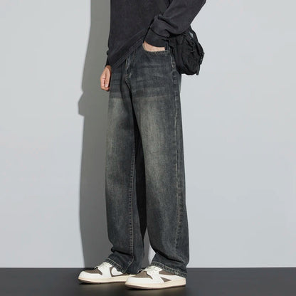 Korean Wide Legs Fleece Jeans Men's Winter Warm Thickened Velvet Loose Straight Casual Denim Pants Korean Fashion Trousers