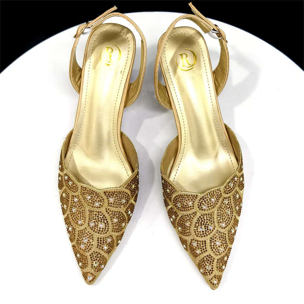 Women's Blue Color Heels with Rhinestone Accents & Matching Bag Set - Elegant Italian Fashion Pointed Toe Design
