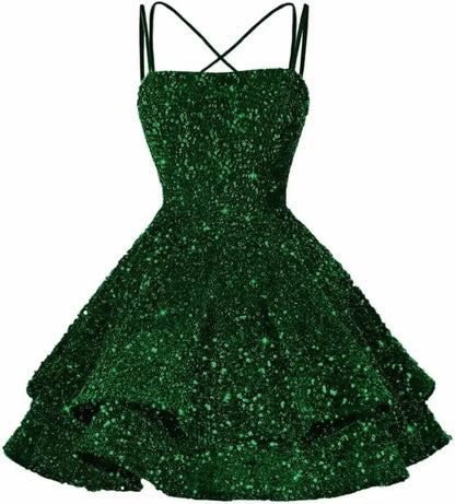 Sequin Short Square Neck Homecoming Dress for Teen Sparkly Prom Dress Sweet 16 Photo Shoot Cocktail Gowns Graduation Dress