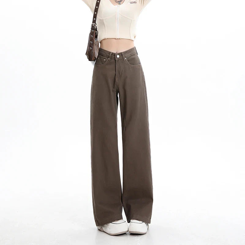 Y2k High Waist Female Clothing Solid Color Casual Wide Denim Trousers