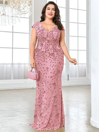 Plus Size Elegant Blue Evening Dress For Women 2024 Luxury Long Mermaid Formal Sequins V-neck Prom Wedding Party Gown
