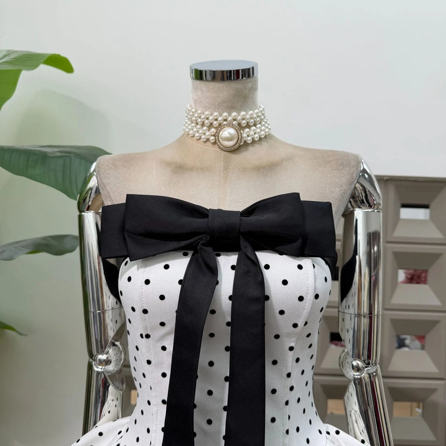 Women Strapless Backless Polka Dot Bow A Line Dress Party Birthday Evening Ball Gowns Nightclub Show Wear Fashion Vestido