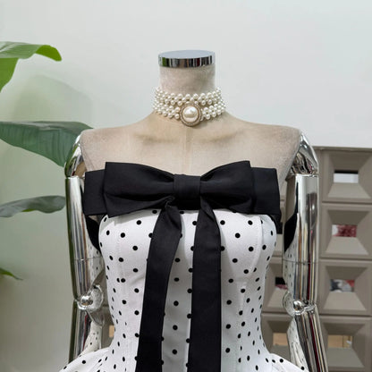 Women Strapless Backless Polka Dot Bow A Line Dress Party Birthday Evening Ball Gowns Nightclub Show Wear Fashion Vestido