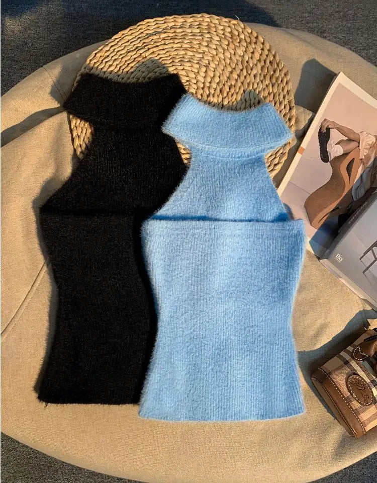 Spice Girl Hair Halter Neck Camisole Female Imitation Mink Inside Tank Top  Autumn and Winter Design Sense Knitted Bandeau Top