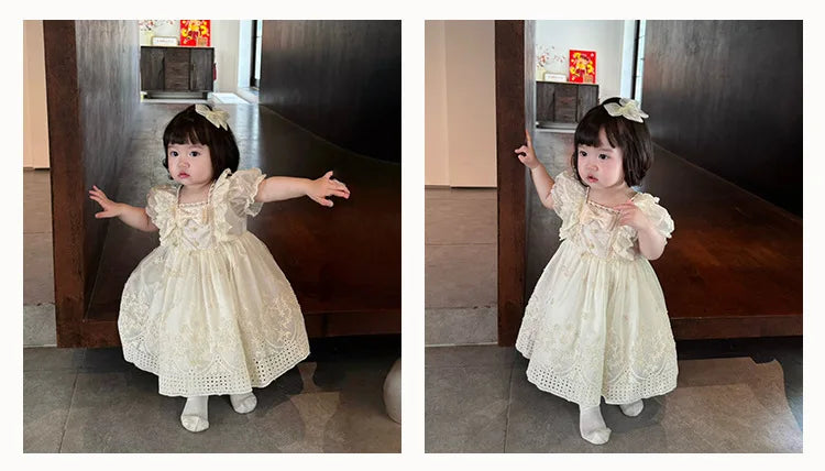 Vestido de princesa Lolita francês para meninas, vestido novo estilo verão para um ano de idade, lindo vestido branco de manga curta para menina fofa