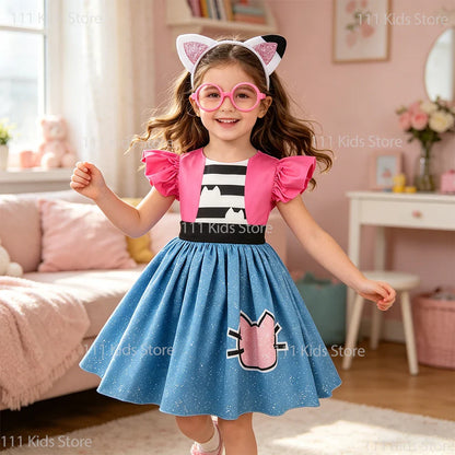 Fly-sleeve Cat Striped Princess Dress Girls Summer Dresses Gabbys Dollhouse Cosplay Costume Carnival Outfits Kids Birthday Gift