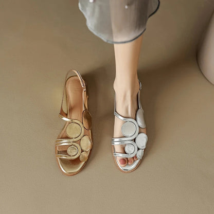 Women's New Round Head Spring/Summer Genuine Leather Sheepskin Spliced Low Heel Large Size Elastic Open Toe Sandals