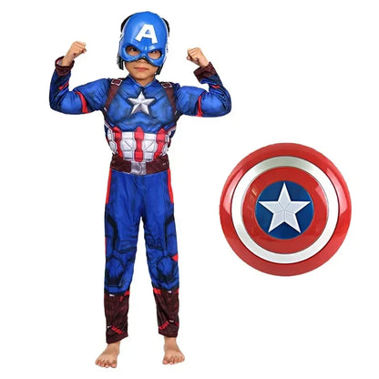 Captain America  Muscle Costume Superhero Captain America Muscle Jumpsuit Shield Cape Outfits Halloween Carnival Costumes