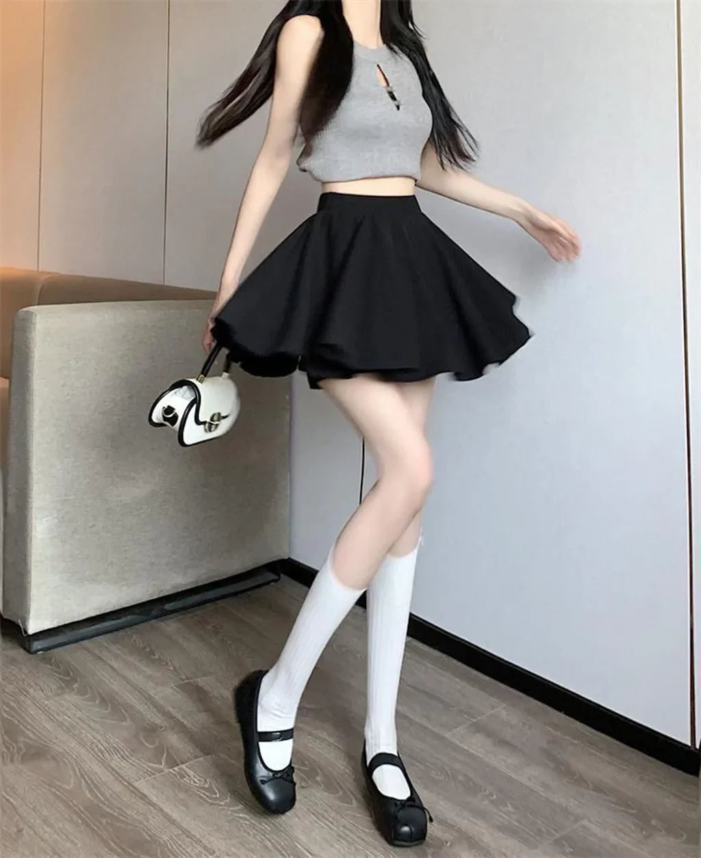 Black Pleated Mini Skirt Ballet Style High Waist Belt Meat Concealing Spring Summer Autumn New Style Slimming Short Skirt