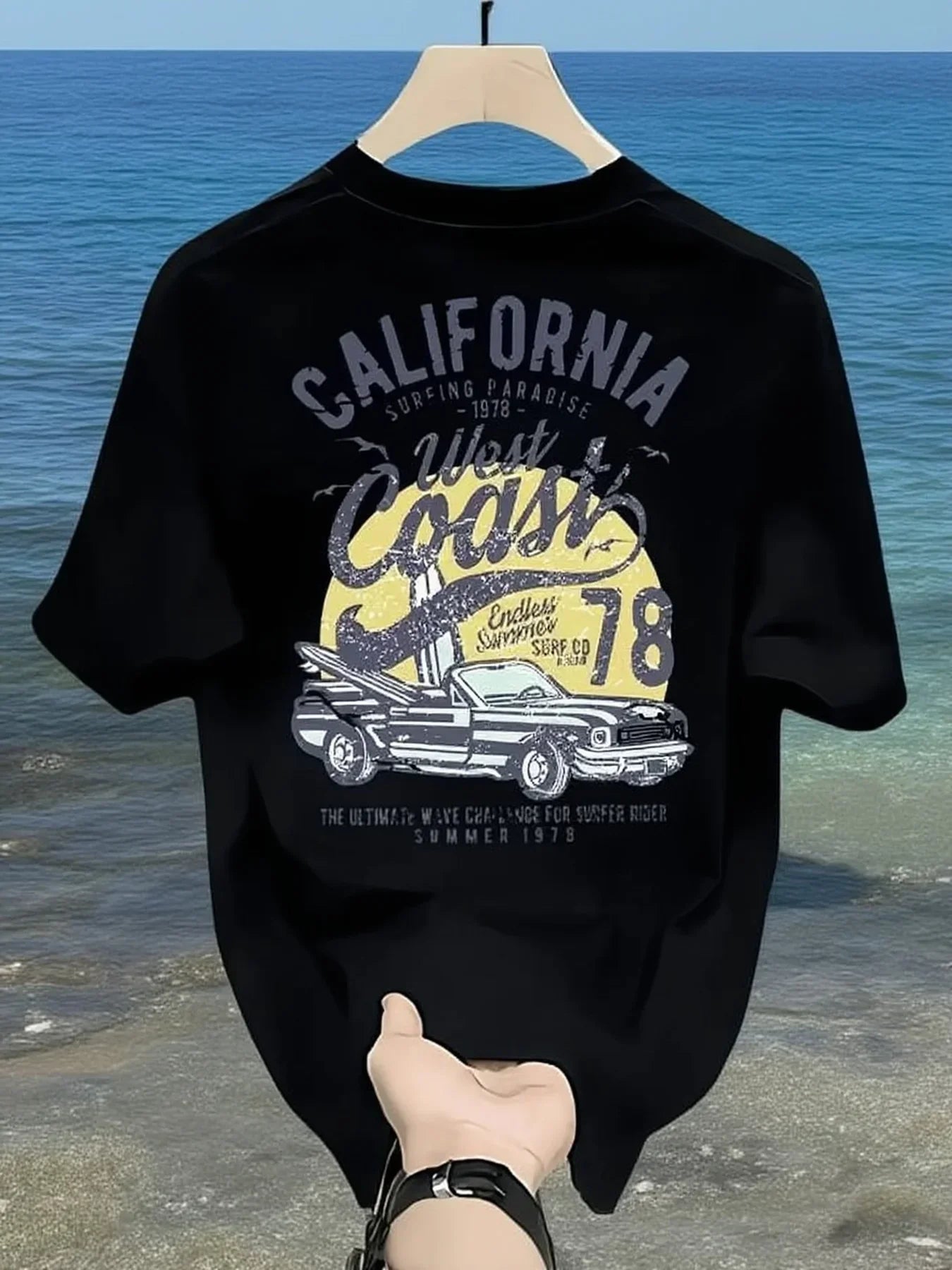 Vintage California West Coast Surfing Graphic Tee with Retro Car and Sun Print 100% Cotton Men's T-shirt Summer Casual Beachwear