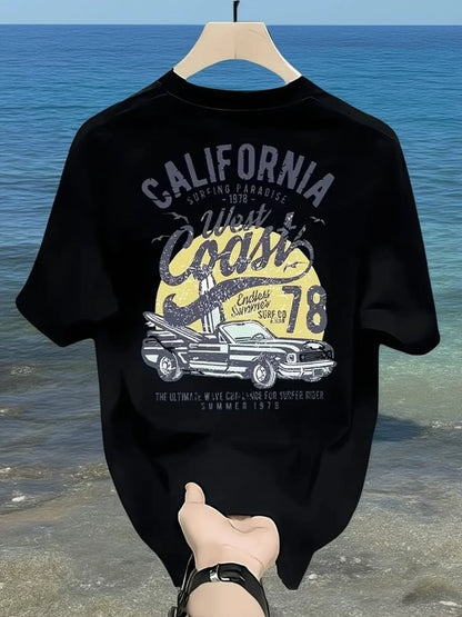 Vintage California West Coast Surfing Graphic Tee with Retro Car and Sun Print 100% Cotton Men's T-shirt Summer Casual Beachwear