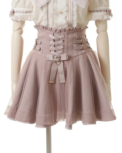 Japanese Liz New Summer Lace Edge Leather Ring High Waist Pleated Skirt Ribbon Bow All-match Short Skirts Big Bow Lolita Blouses