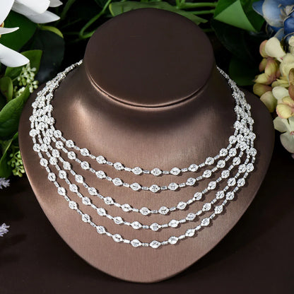 Elegant Five Layers Long Tassel Cubic Zirconia Ladies Costume Jewelry Sets Dangle Drop Earrings Pendant Necklace N-283