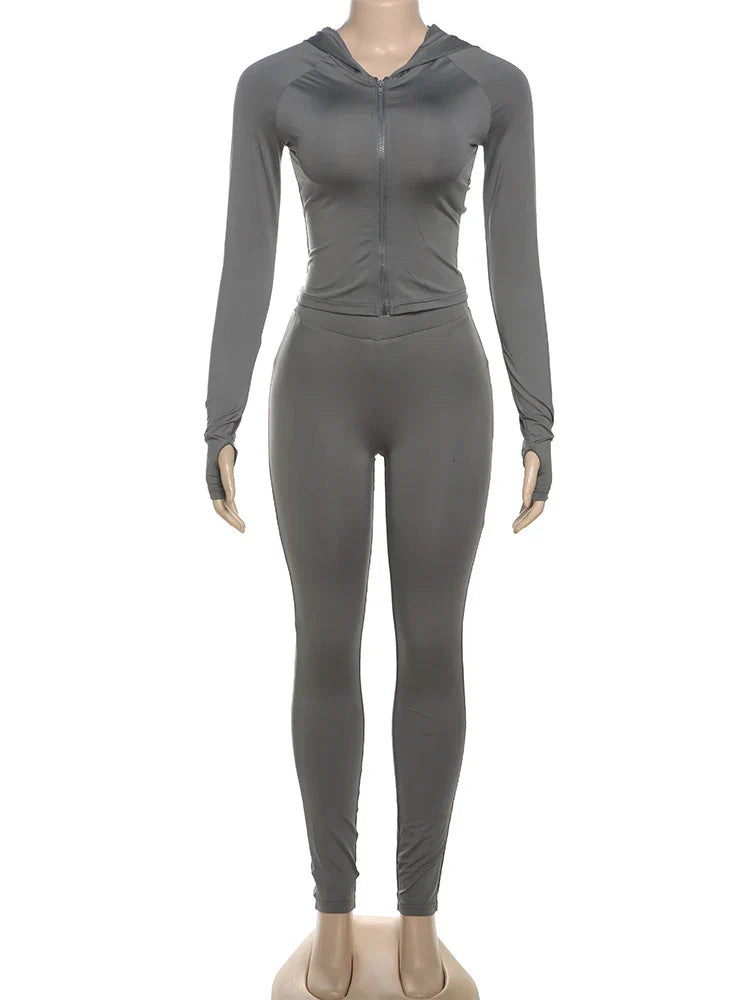 Casual Women 2 Piece Set Classic Tracksuits Solid Long Sleeve Zip-up Hood Tops+Slim Elastic Pants Sporty Concise Outfits