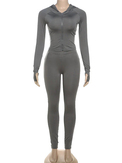 Casual Women 2 Piece Set Classic Tracksuits Solid Long Sleeve Zip-up Hood Tops+Slim Elastic Pants Sporty Concise Outfits