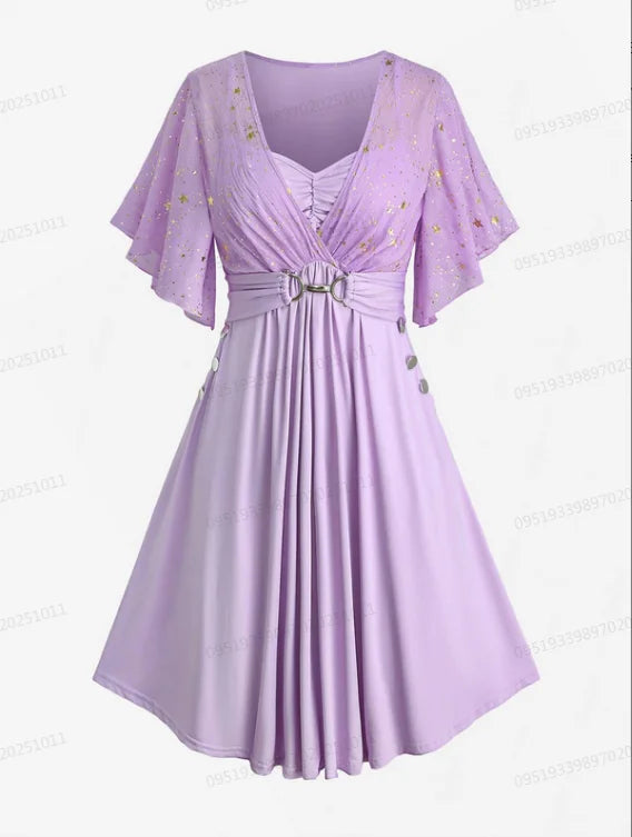 Plus Size Stars Print Buckle Button Pockets Ruched Butterfly Sleeves Dress Deep Blue Women Casual Square Collar Dresses