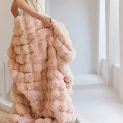 Cozy Rabbit Hair Bubble Velvet Blanket for Napping Soft Fuzzy Plush Bed Cover Sofa Throw Blanket All Season Warmth