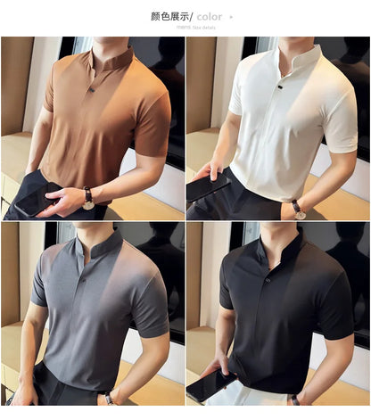 Men's High Elastic V-neck Polo Shirt, Thin Short-sleeve T-shirt, Business Casual Men's Top, 2024 High Quality, M-4XL.