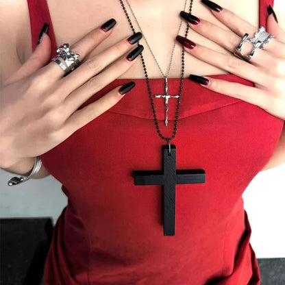 Y2K Wood Cross Pendant Necklace for Women Men Vintage Cool Spicy Girls Hip Hop Fashion Necklace Party Jewelry Accessories Gift