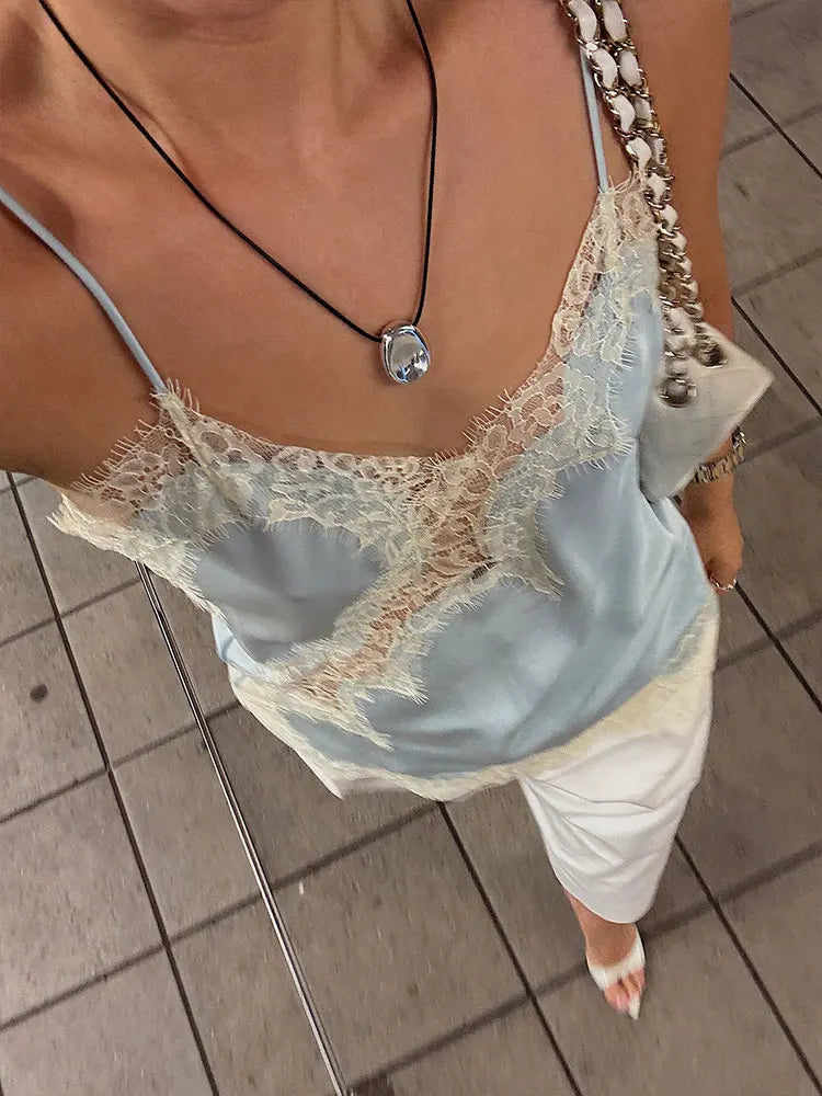 Women Fashion Lace Stitching Camisole Asymmetric Hem Sexy Backless Tank Top Summer Trend Lady Club Party Evening Chic Tops