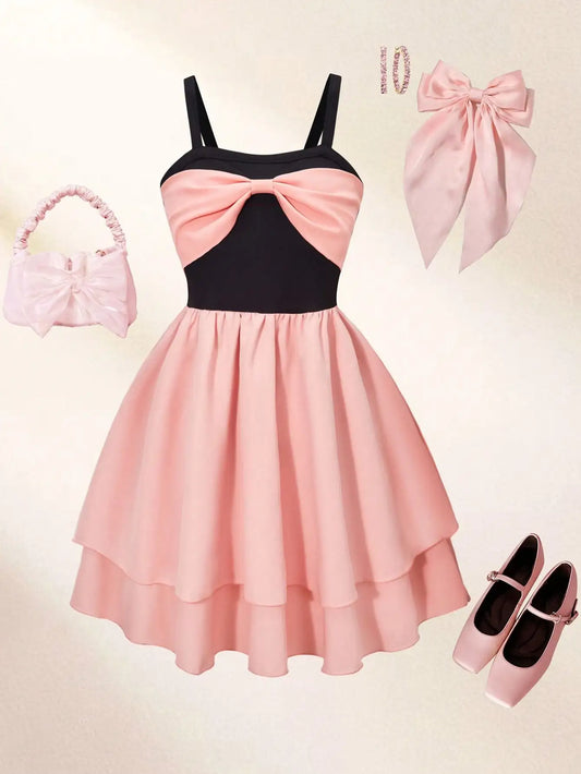 Girls' fashionable and elegant camisole dress for summer, girls' outdoor casual contrasting butterfly bow curved skirt dress