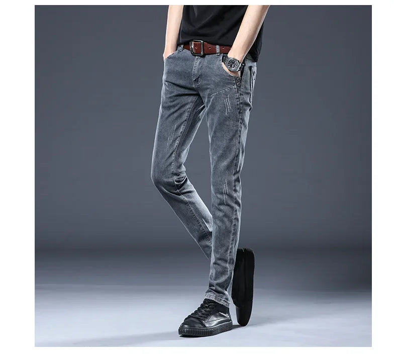 2026 New Gray Skinny Jeans Men's Slim Elastic Korean Fashion Vintage Casual Feet Male Clothing Denim Trousers 27-36