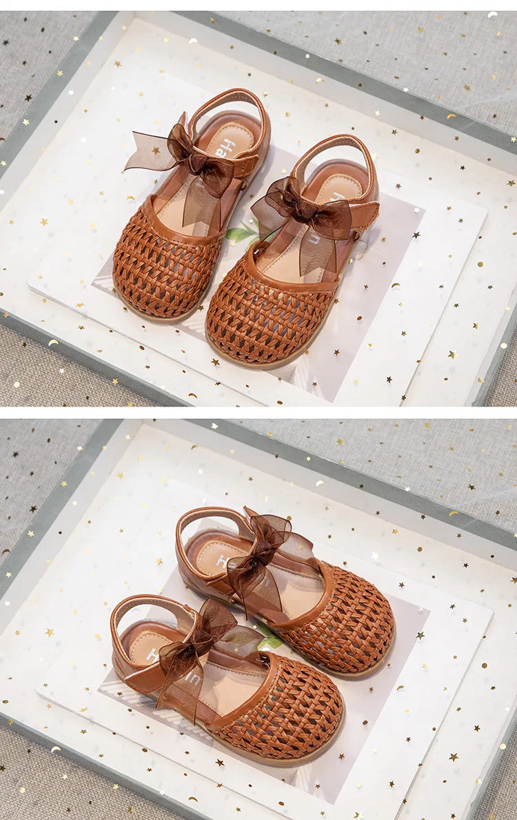 Children's Sandals Summer New Elegant Girls Princess Shoes Woven Style Beach Causal Kids Flat Sandals Solid Color Versatile