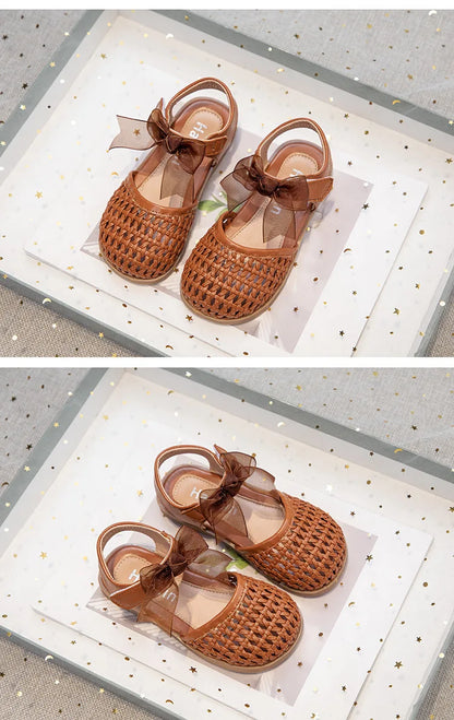 Children's Sandals Summer New Elegant Girls Princess Shoes Woven Style Beach Causal Kids Flat Sandals Solid Color Versatile