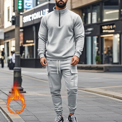 2024 autumn and winter men's casual velvet warm zipper sports trousers set