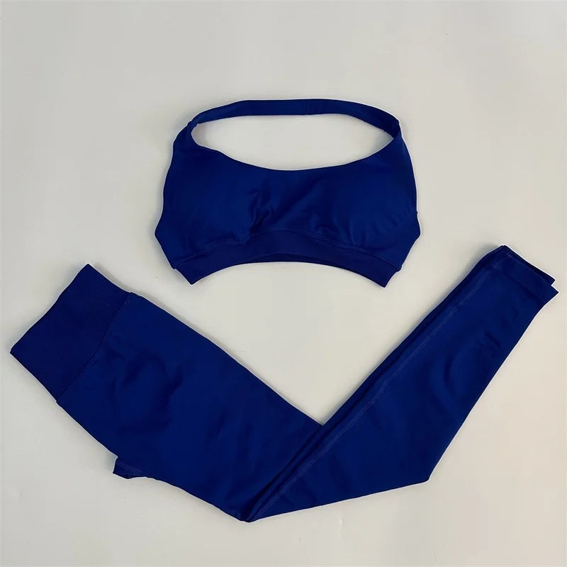 Yoga Legging Sets for Women Seamless Yoga Set Scrunch Butt Legging Set Workout Gym Suit with Halter Crop Top
