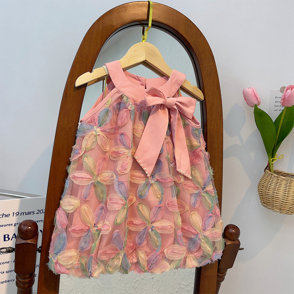 Girl Dress 2025 Summer New Girl Dress Princess Dress Little Girl Fashion Colorful Flower Yarn Dresses Kid Clothes