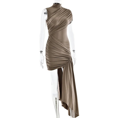 Summer Draped Ruched Sexy Mini Dress Women 2025 New Irregular High Waist Slim Fit Dress Female Elegant Club Tank Dress