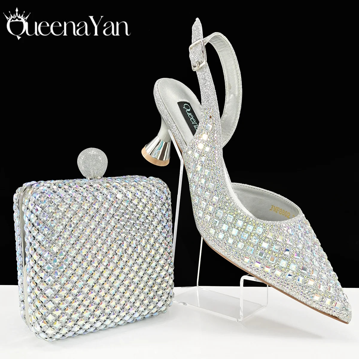 Italian Design Rhinestone Luxury Navy Blue Pointed Toe Shoe & Bag Set Women High Heels for Parties High Quality