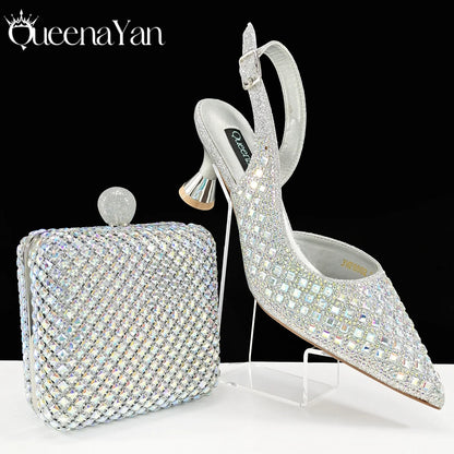 Italian Design Rhinestone Luxury Navy Blue Pointed Toe Shoe & Bag Set Women High Heels for Parties High Quality