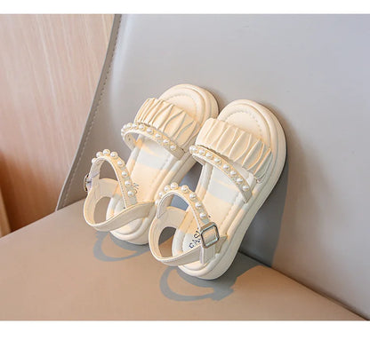 Girls Sandals Kids Summer Shoes Children's Beach Sandals with Pearls Princess Sweet Anti-slippery Open Toes Lace Chic Beading