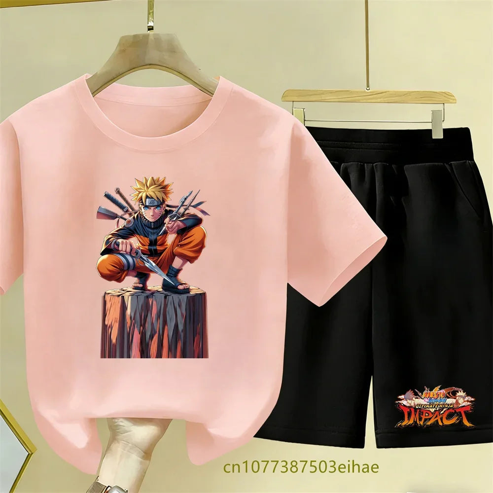 Naruto Leisure Set - Cartoon Print Breathable Children's Short-Sleeved T-Shirt Perfect for Dressing Up with Loose Sports Shorts