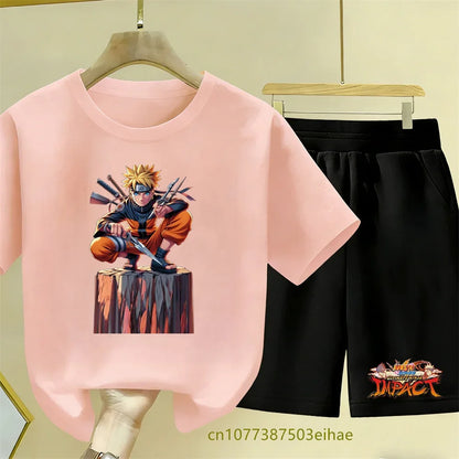 Naruto Leisure Set - Cartoon Print Breathable Children's Short-Sleeved T-Shirt Perfect for Dressing Up with Loose Sports Shorts