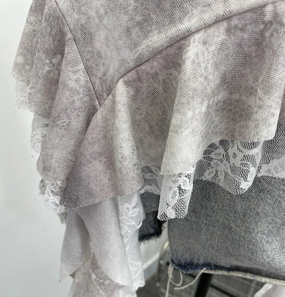 Summer Y2K Camisole for Women Casual Spaghetti Straps Double Layers Lace Stretch Mesh Patchwork Asymmetrical Slim Tops