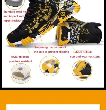 Men's All Seasons Safety Shoes Breathable Flying Woven Steel Toe Cap Impact Resistant Puncture Proof mid Cut Sneakers