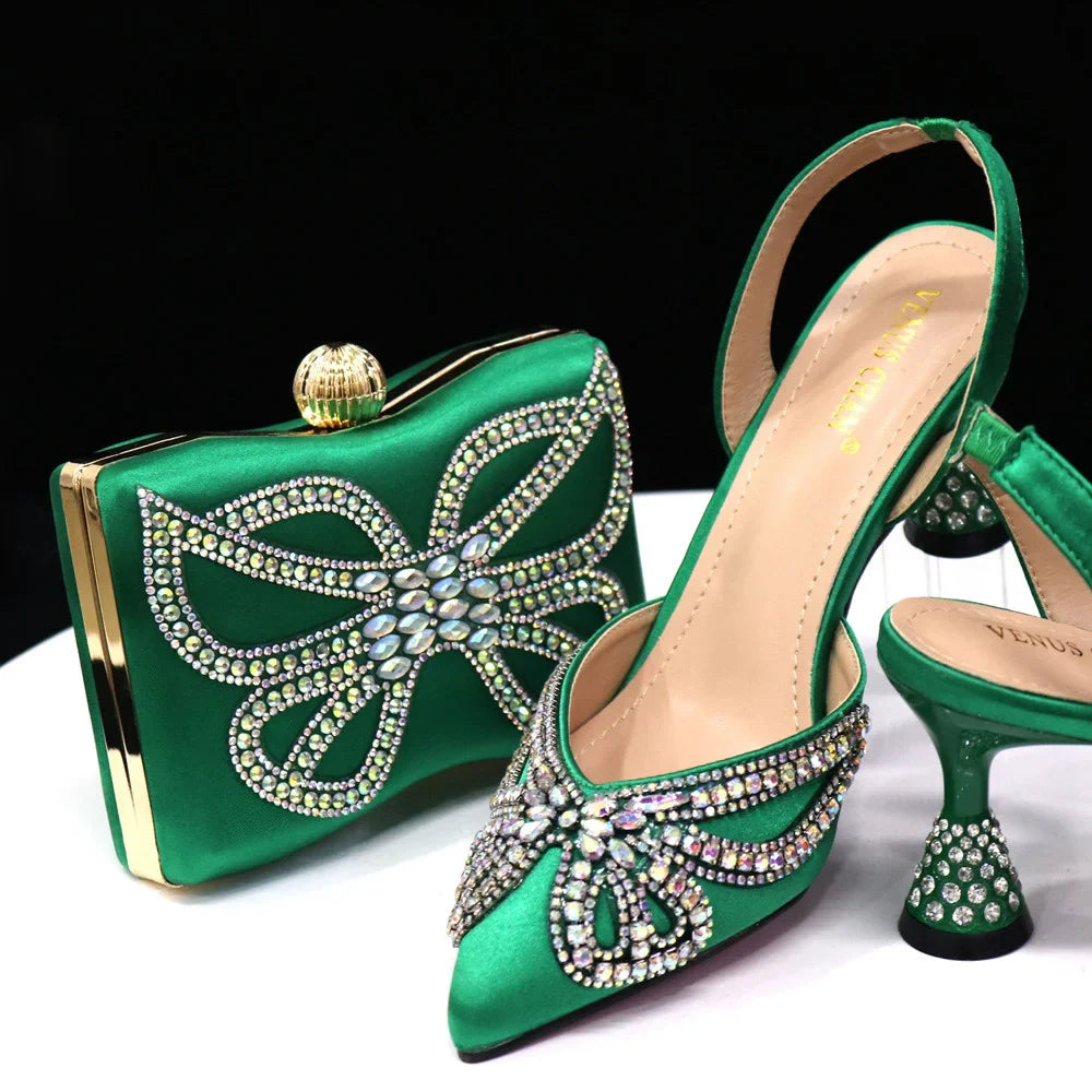Yellow Classy Bowknot Pointed Toe Women's Shoes High Heel Elegant Sandals Shallow Mouth Shoes Bag Set Women