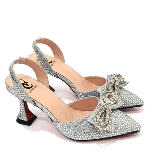 Style Rhinestone Bow Side Empty Party High Heels Pointed Toe Stiletto Heels Silver Women's Shoes And Bags