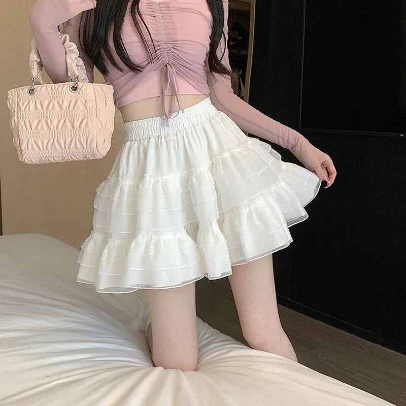 Black White Ruflles Mini Skirt for Women Elastic Waist Tiered Lace Tulle Skirts Shoujo Giris Y2K Kawaii Lolita Style