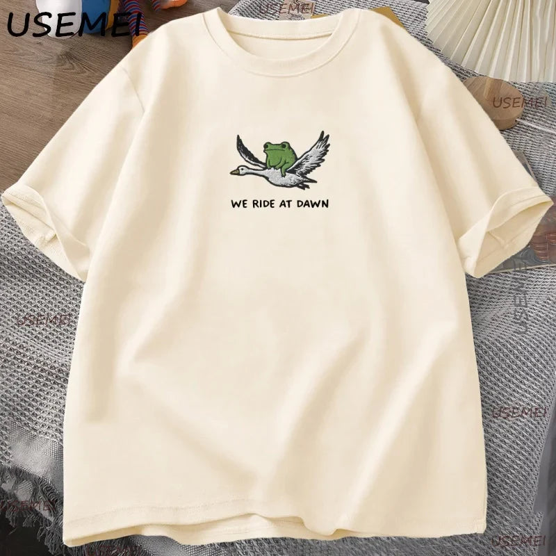 We Ride At Dawn T-Shirt Funny Frog and Goose Tee Casual Cotton Short Sleeve Round Neck Tshirt Streetwear Male Clothing Y2k
